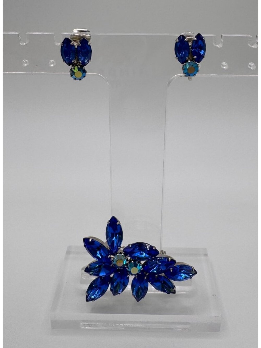 Vintage Blue Rhinestone Brooch Earring Set AB Accent Silver Tone Floral